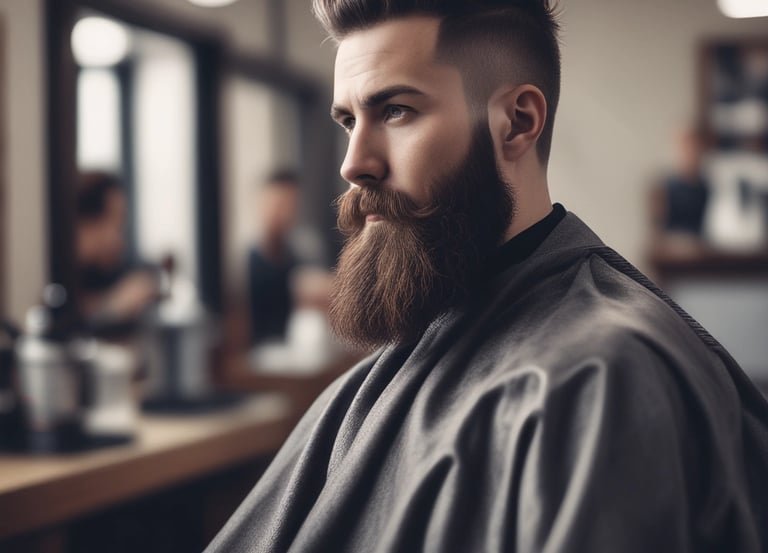 A professional barber at work in a modern salon, focusing on beard styling.